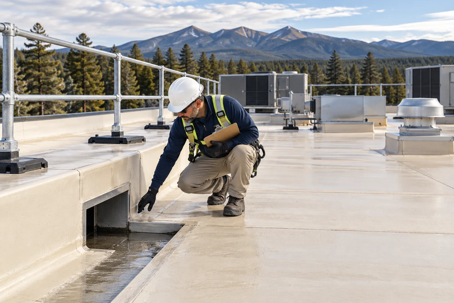 Technician checking a commercial roof edge beside rooftop equipment