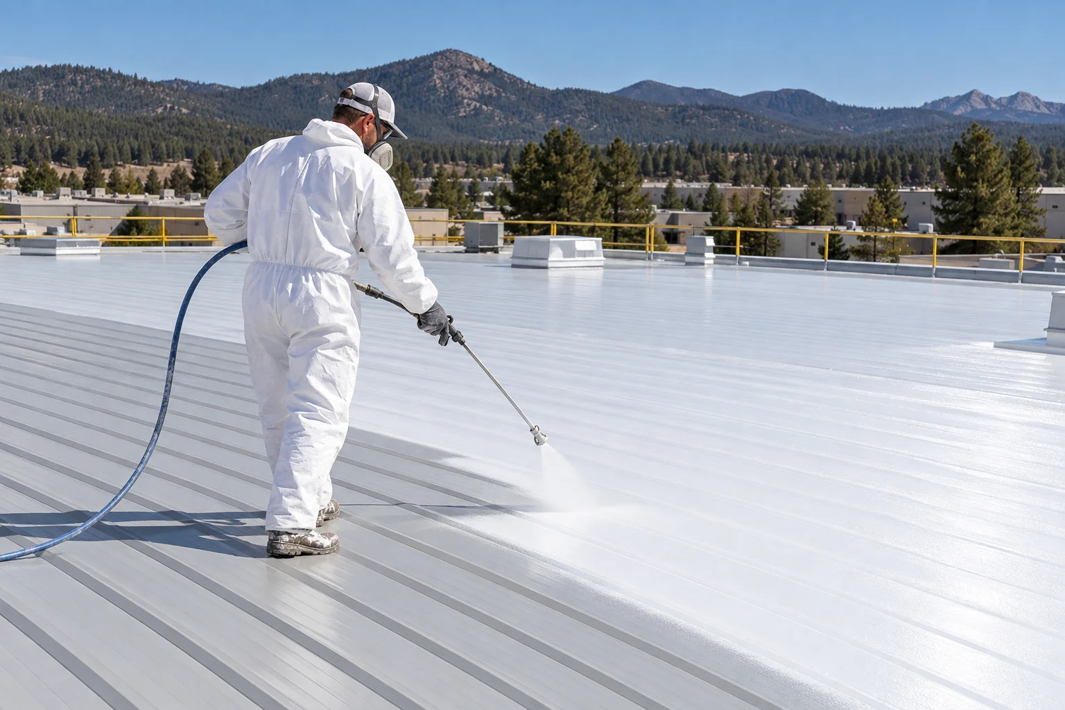 Worker spraying a finish onto commercial metal roof panels