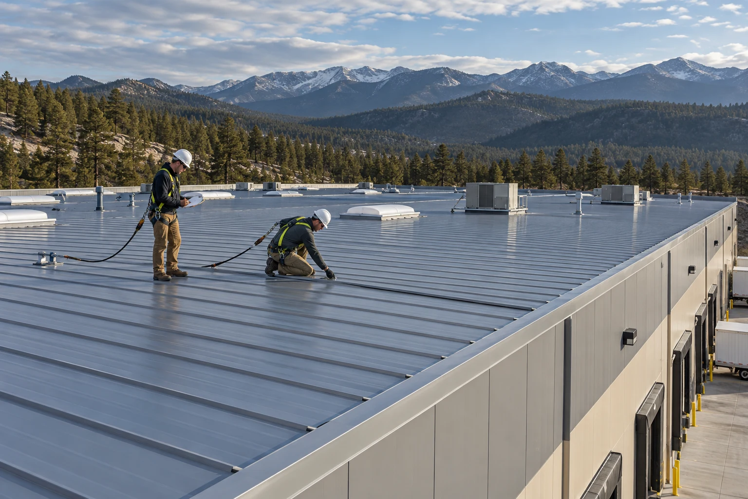 Roofing technicians working on a commercial metal roof