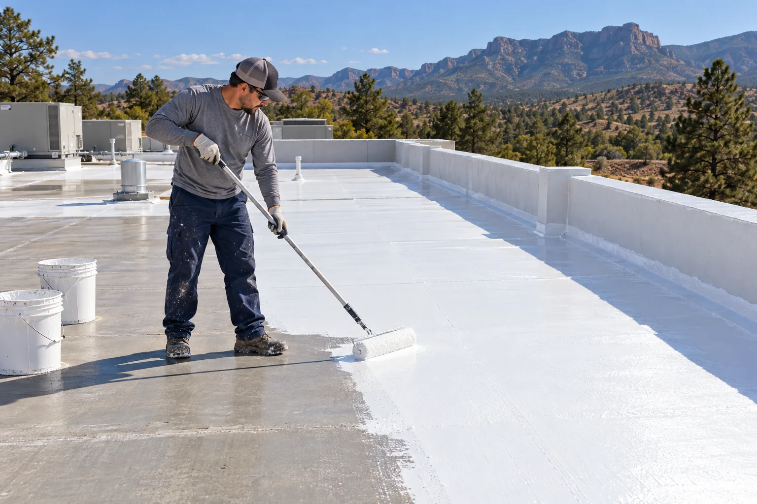 Worker rolling coating across a commercial roof surface