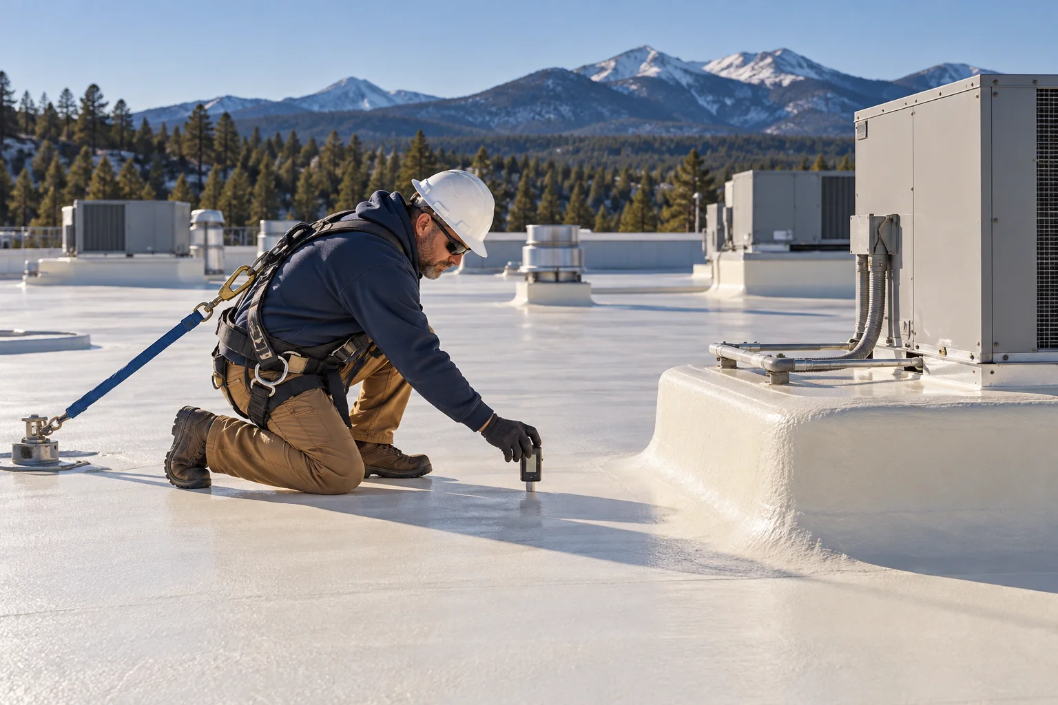 Technician inspecting the finish near a commercial roof opening