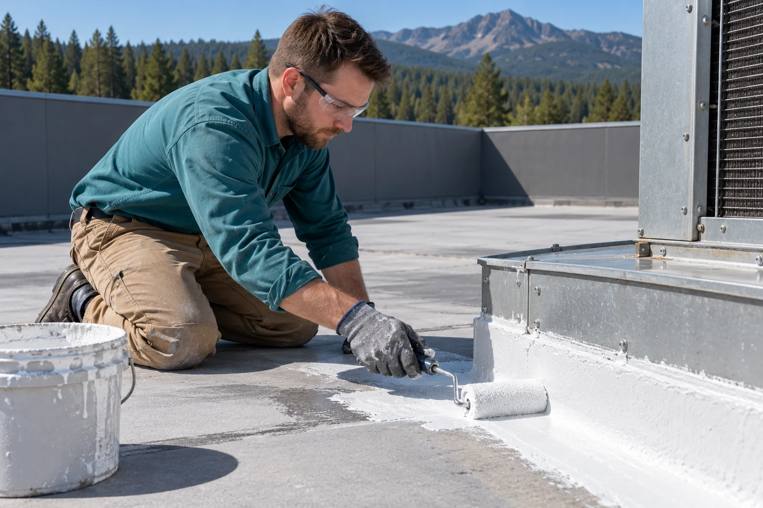 Technician applying material around a commercial roof pipe