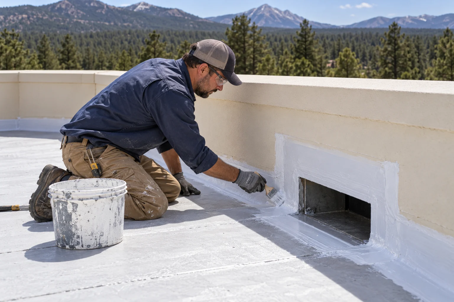 Technician inspecting a drain opening through a roof wall
