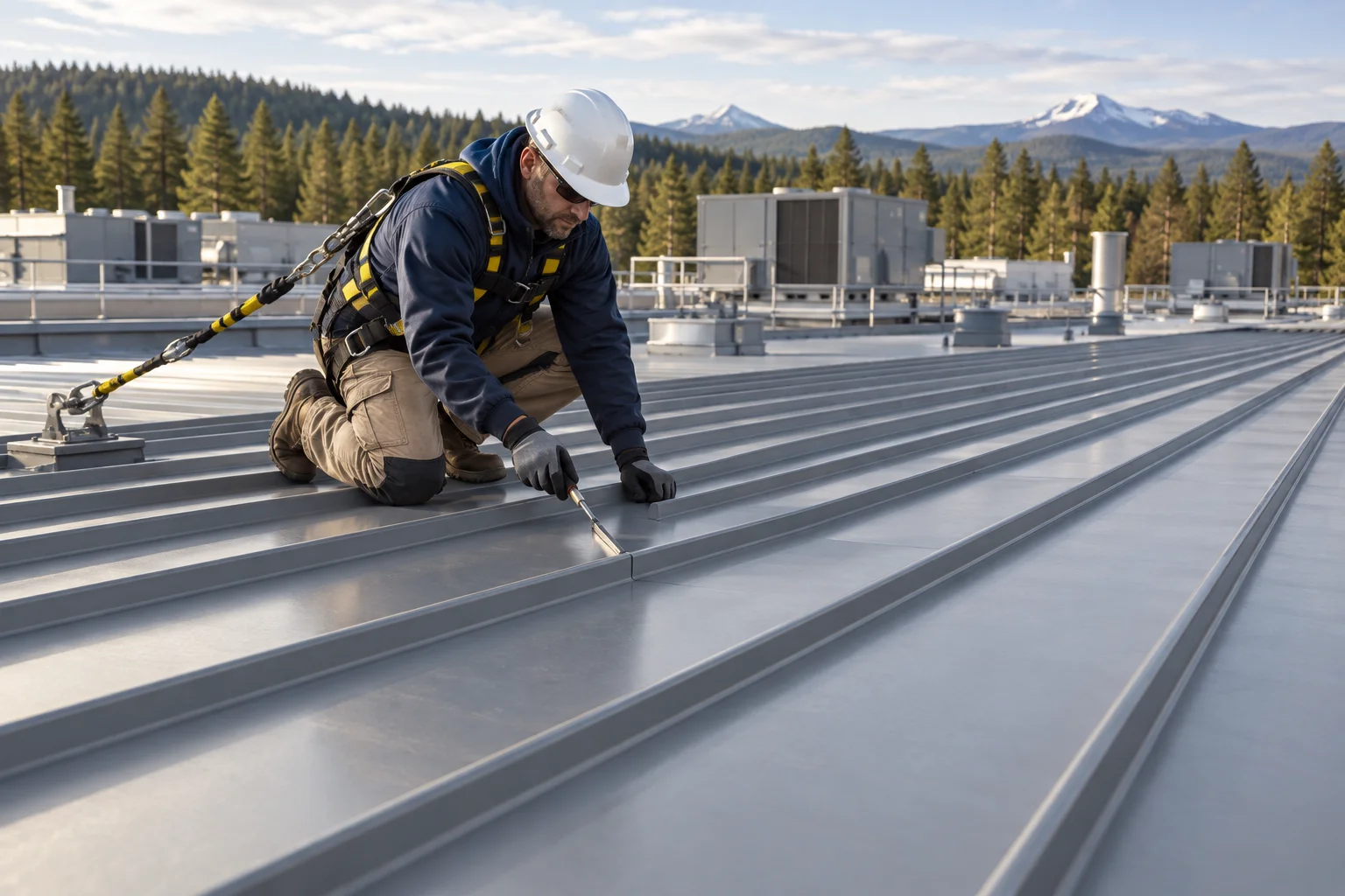 Technician inspecting seams on a commercial metal roof