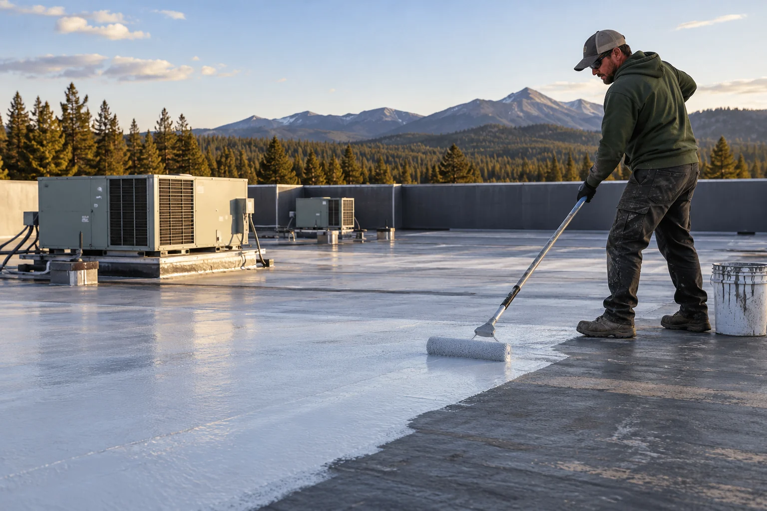 Worker rolling coating onto a commercial flat roof