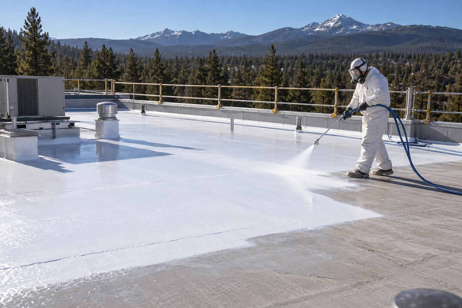 Worker spraying a protective finish on a commercial roof