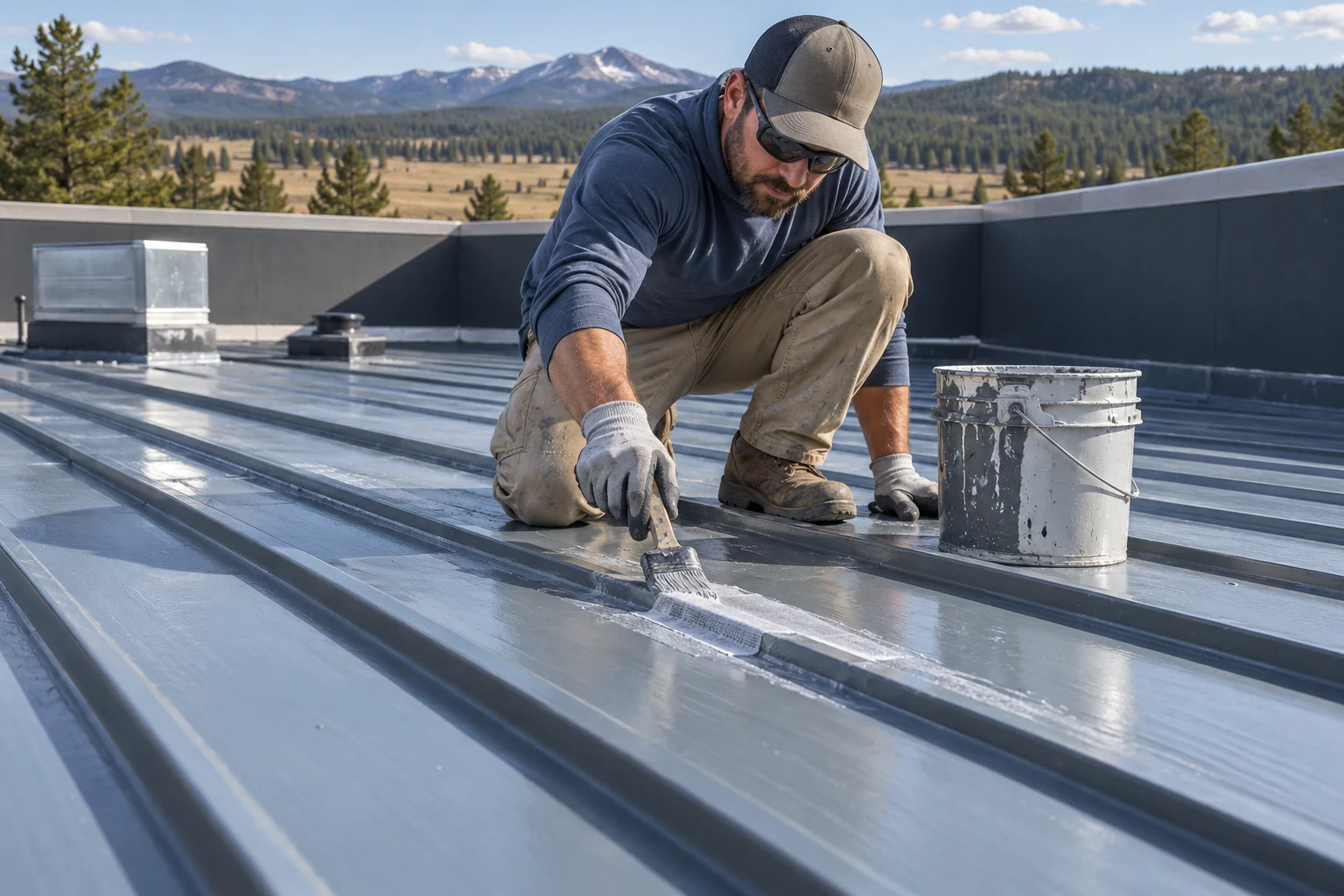 Technician checking a pipe detail on a commercial metal roof