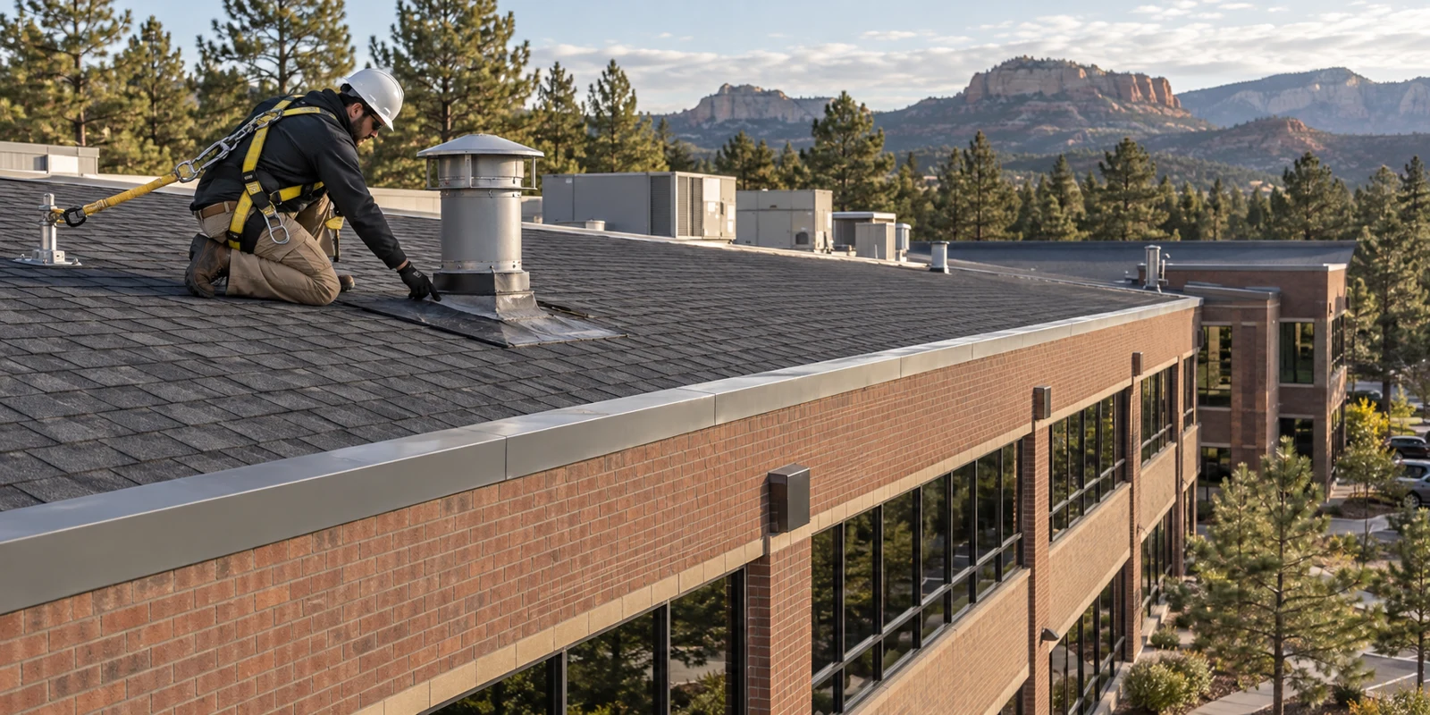 Worker inspecting asphalt shingles on a commercial building