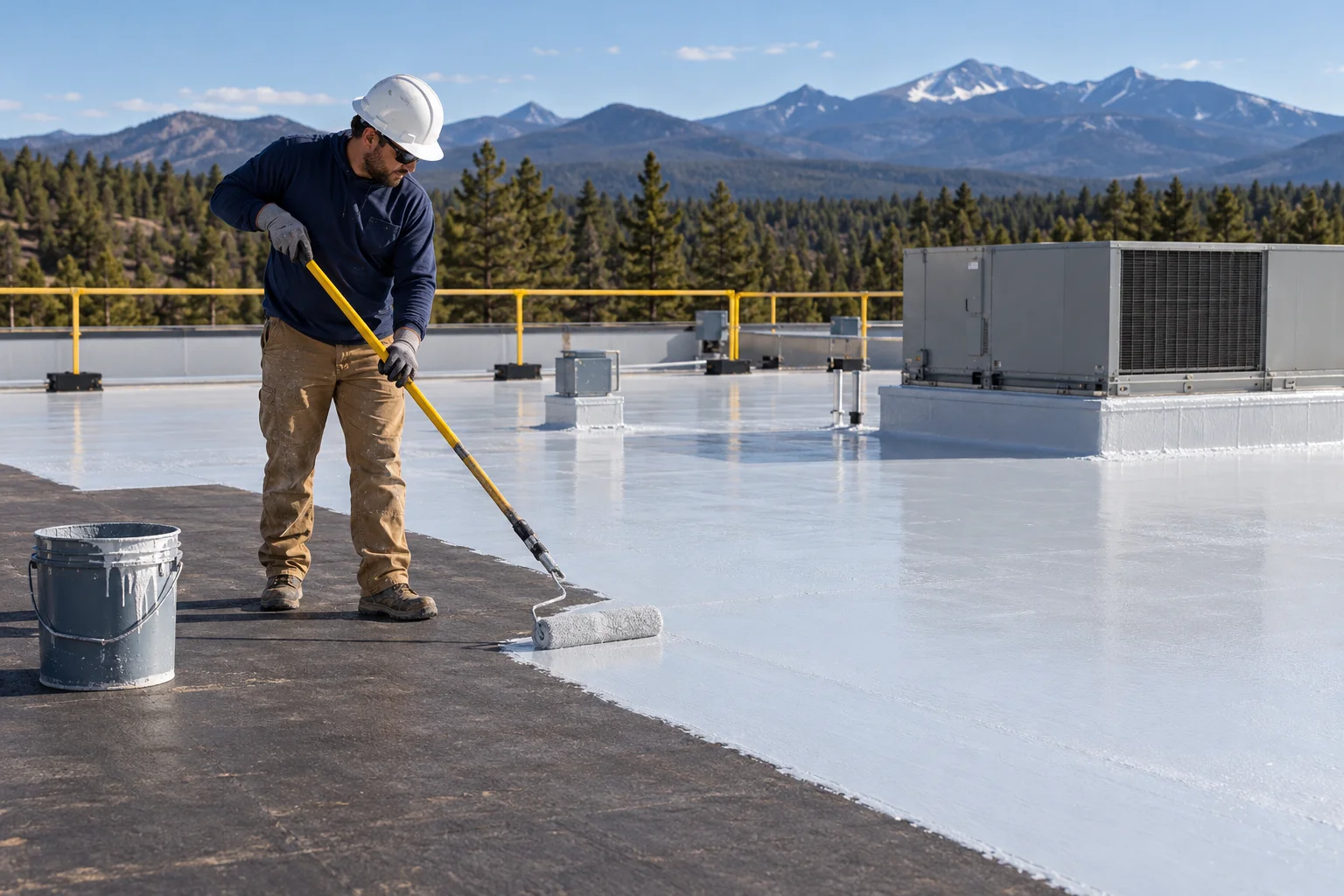 Worker applying a protective coating to a commercial flat roof
