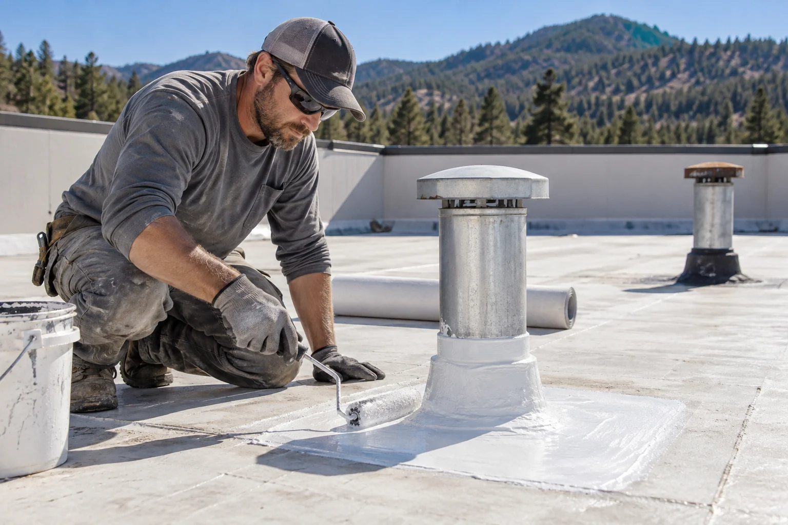 Technician working around a pipe on a commercial membrane roof