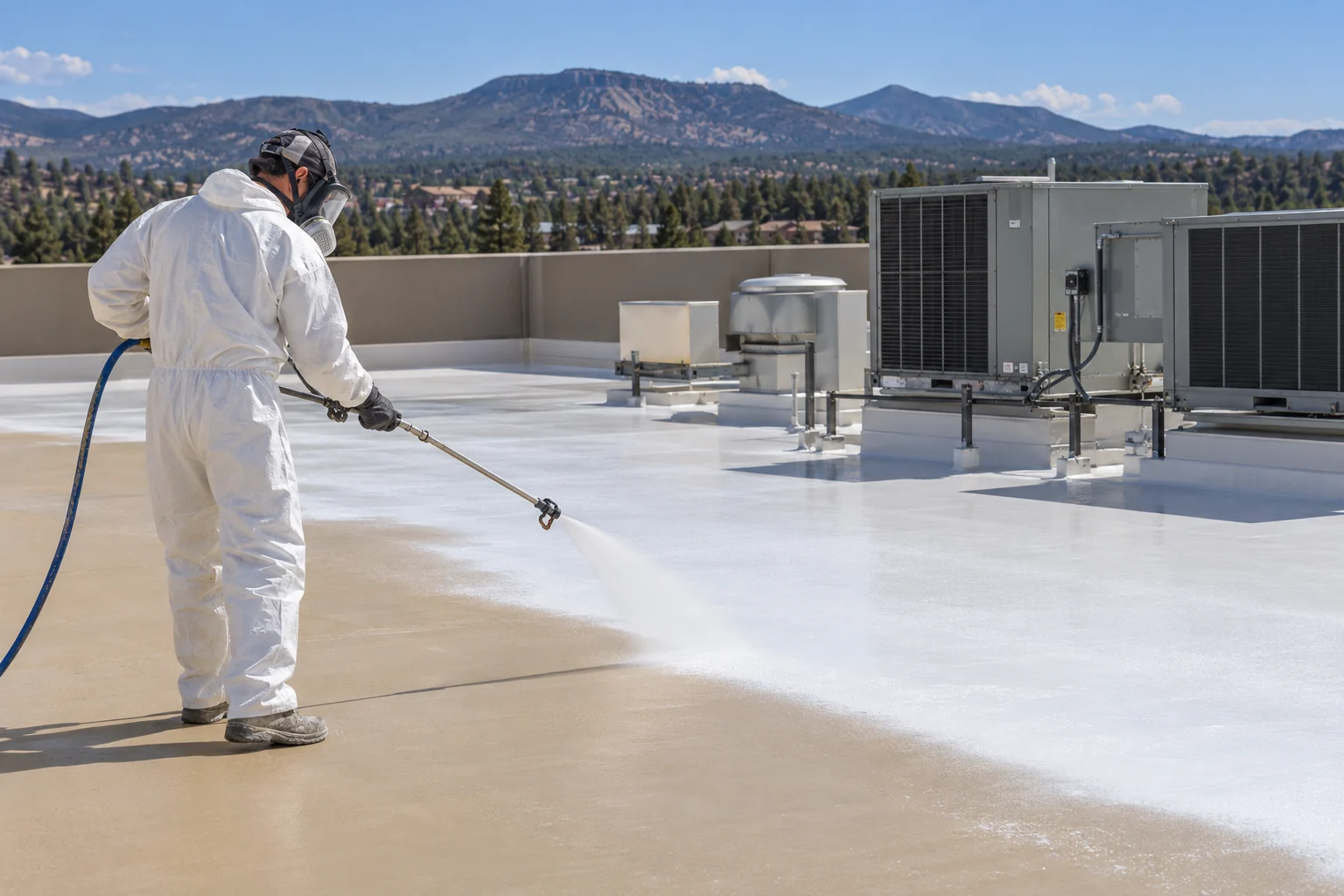 Worker applying a finish beside rooftop equipment